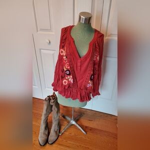 Free People Rust Red Embroidered Boho Tunic